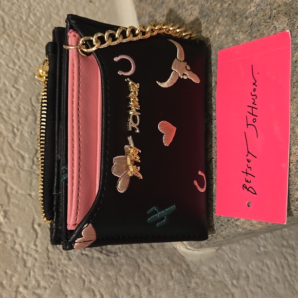 Betsey Johnson Handbags - Betsey Johnson Black and Pink Embroidered Card Holder Nwt